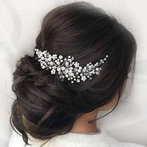 JONKY Pearl Bride Wedding Hair Vine Silver Rhinestone Headpiece Bridal Hair Accessories for Women - Image 3