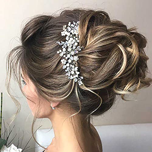 JONKY Pearl Bride Wedding Hair Vine Silver Rhinestone Headpiece Bridal Hair Accessories for Women - Image 1
