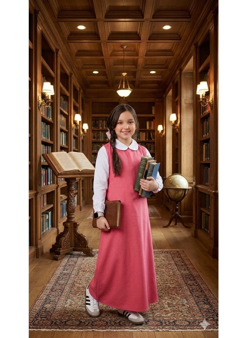 Girls Pink Primary School Uniform Dress Long Sleeve Modest School Smock with White Collar - Image 2