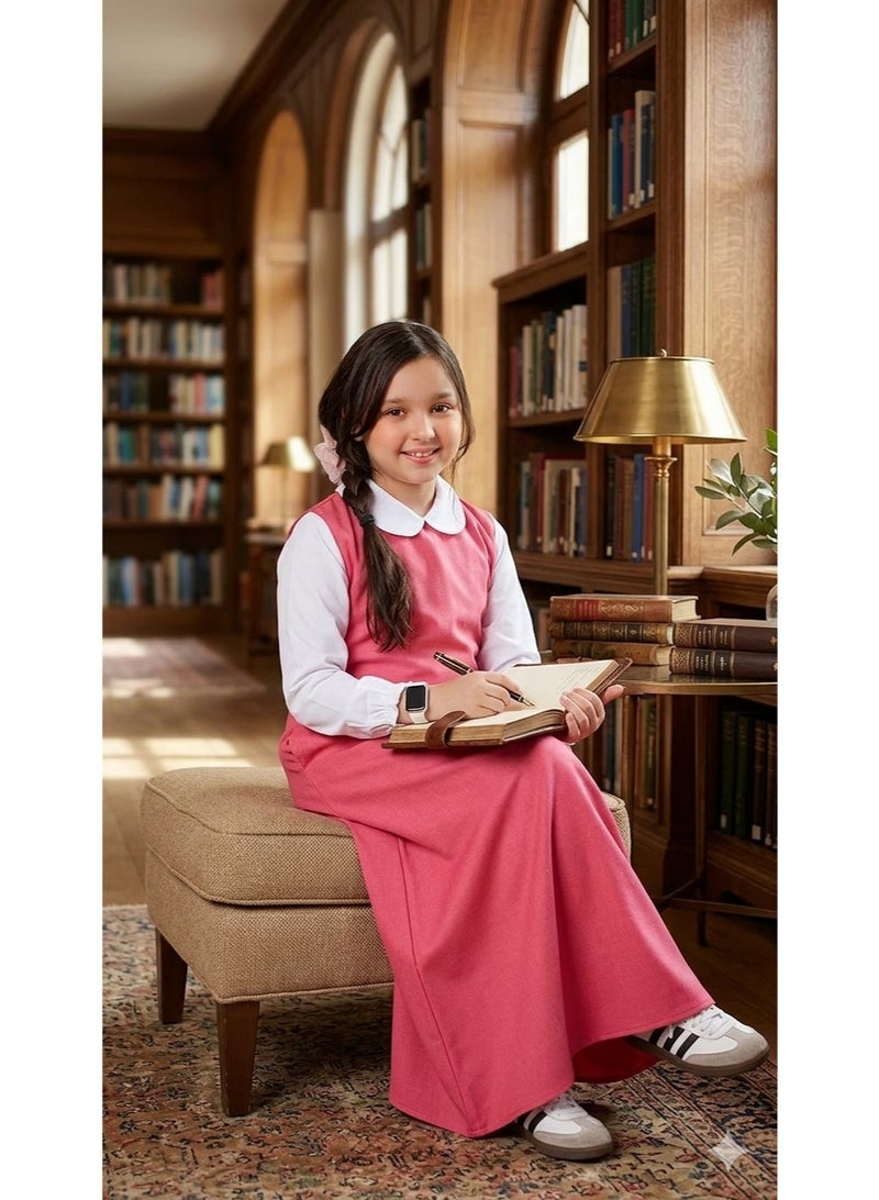 Girls Pink Primary School Uniform Dress Long Sleeve Modest School Smock with White Collar - Image 3