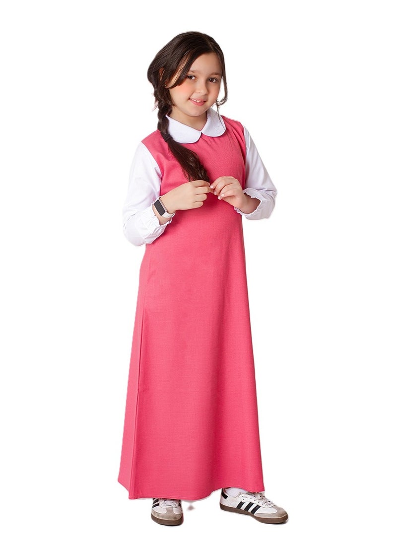 Girls Pink Primary School Uniform Dress Long Sleeve Modest School Smock with White Collar - Image 1