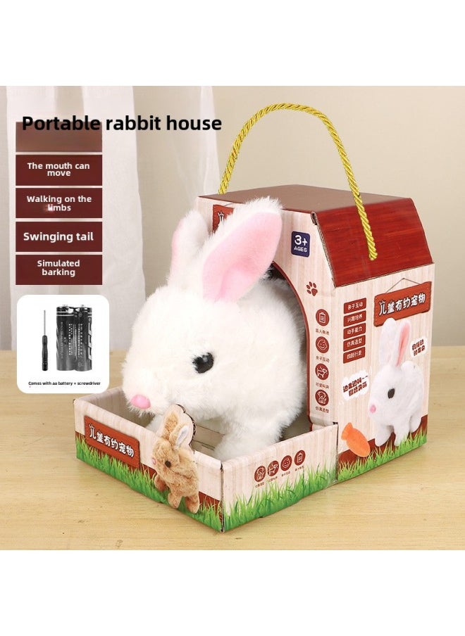 null - Children's Electric Simulation Small White Rabbit Will Call Girls Pet Doll Backpack Dog Gift Puzzle Plush Toy-Colors:White Rabbit + Rabbit House-Specifications:Battery Version - Image 1
