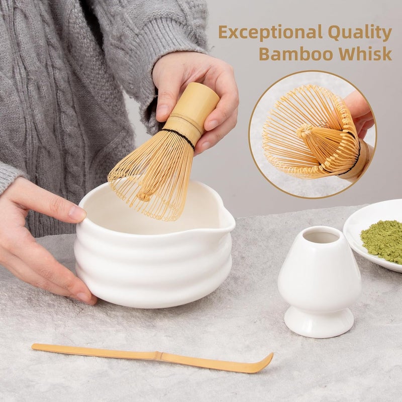 YumiPLUS 5pcs Premium Matcha Set,Ceramic Bowl with Spout and Bamboo Whisk set, Ceremonical Matcha Kit for breakfast/latte,Tea Starter Making Kit,Unique Matcha Gift set (white) - Image 4