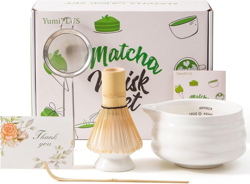 YumiPLUS 5pcs Premium Matcha Set,Ceramic Bowl with Spout and Bamboo Whisk set, Ceremonical Matcha Kit for breakfast/latte,Tea Starter Making Kit,Unique Matcha Gift set (white) - Image 1