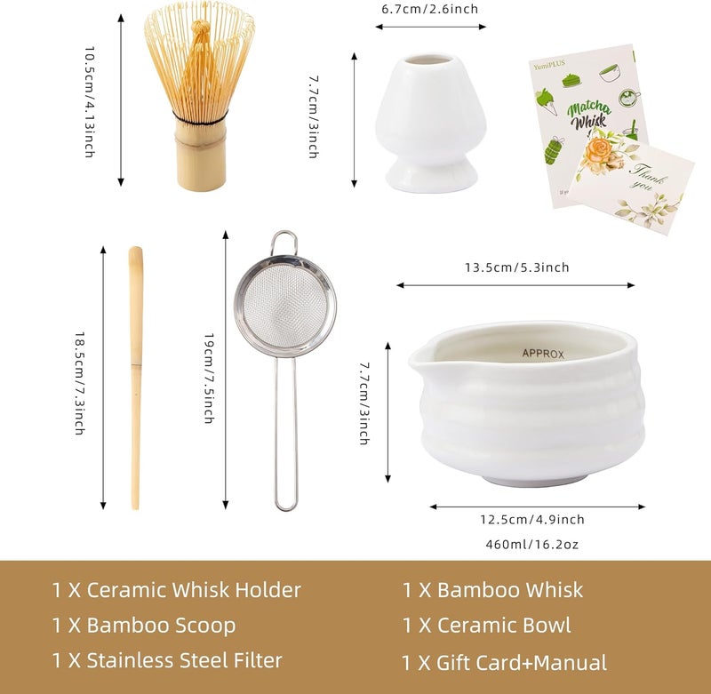 YumiPLUS 5pcs Premium Matcha Set,Ceramic Bowl with Spout and Bamboo Whisk set, Ceremonical Matcha Kit for breakfast/latte,Tea Starter Making Kit,Unique Matcha Gift set (white) - Image 5