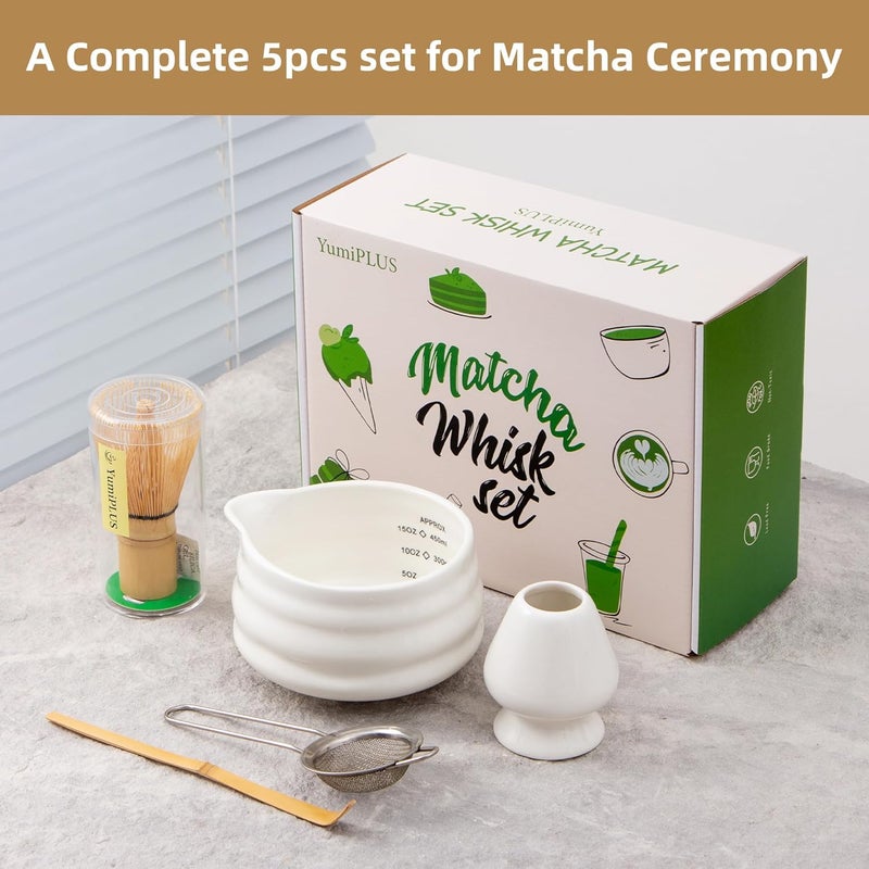 YumiPLUS 5pcs Premium Matcha Set,Ceramic Bowl with Spout and Bamboo Whisk set, Ceremonical Matcha Kit for breakfast/latte,Tea Starter Making Kit,Unique Matcha Gift set (white) - Image 2