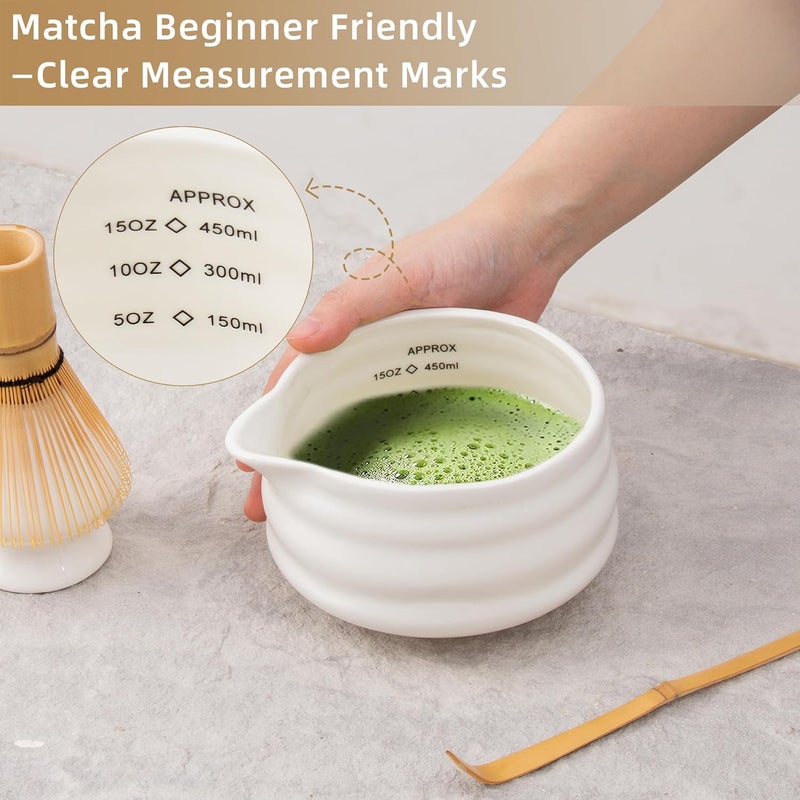 YumiPLUS 5pcs Premium Matcha Set,Ceramic Bowl with Spout and Bamboo Whisk set, Ceremonical Matcha Kit for breakfast/latte,Tea Starter Making Kit,Unique Matcha Gift set (white) - Image 3
