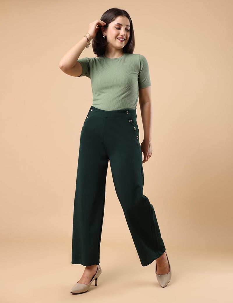 FYLTR Women's Classic Wide Leg Trousers with Side Button-up Design | Mid-Rise | Trouser Pants for Women (Olive Dew,32) - Image 5