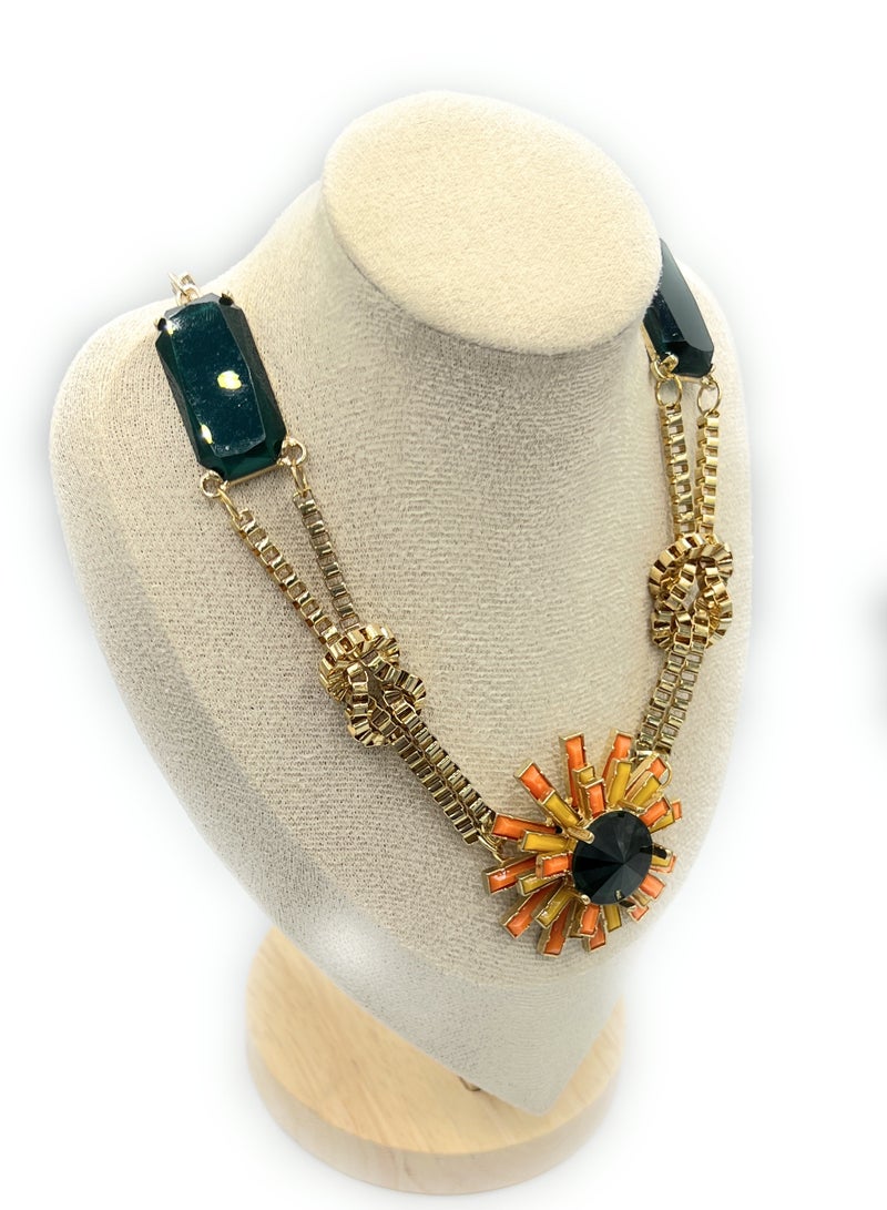Elegant Floral Statement Necklace for Women, Golden Chain, Green Stones, Orange Yellow Sunburst, Summer Fashion Accessories Jewelry for Birthday Present Ideas for her Mother's Day Valentine's Day Ramadan Kareem Eid Celebration Special Occasion - Image 5