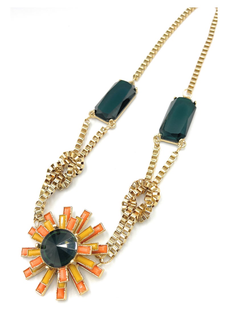 Elegant Floral Statement Necklace for Women, Golden Chain, Green Stones, Orange Yellow Sunburst, Summer Fashion Accessories Jewelry for Birthday Present Ideas for her Mother's Day Valentine's Day Ramadan Kareem Eid Celebration Special Occasion - Image 1