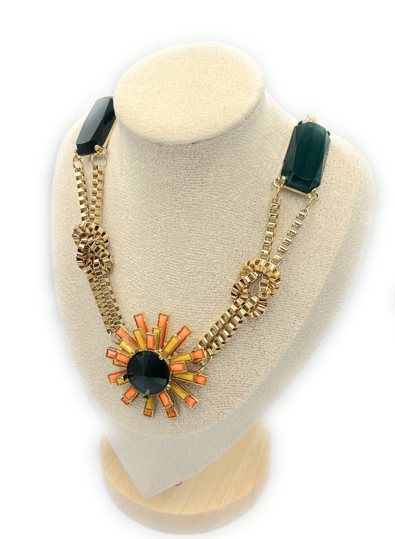 Elegant Floral Statement Necklace for Women, Golden Chain, Green Stones, Orange Yellow Sunburst, Summer Fashion Accessories Jewelry for Birthday Present Ideas for her Mother's Day Valentine's Day Ramadan Kareem Eid Celebration Special Occasion - Image 2