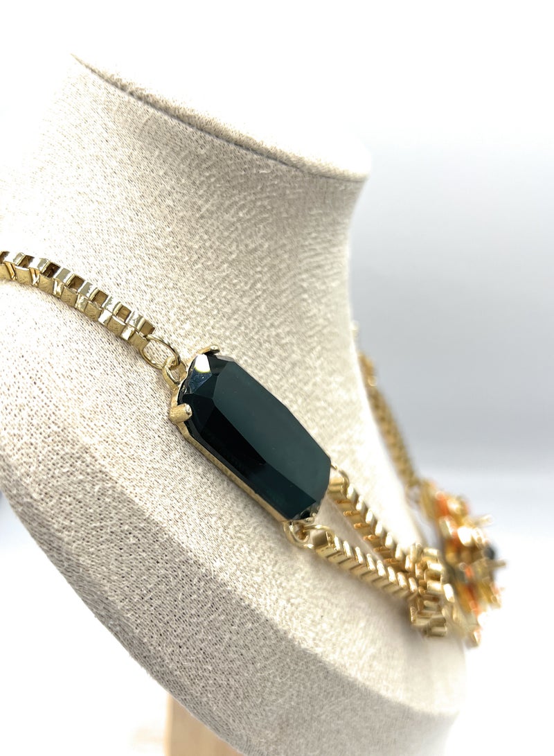 Elegant Floral Statement Necklace for Women, Golden Chain, Green Stones, Orange Yellow Sunburst, Summer Fashion Accessories Jewelry for Birthday Present Ideas for her Mother's Day Valentine's Day Ramadan Kareem Eid Celebration Special Occasion - Image 4