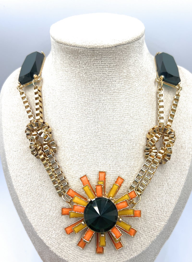Elegant Floral Statement Necklace for Women, Golden Chain, Green Stones, Orange Yellow Sunburst, Summer Fashion Accessories Jewelry for Birthday Present Ideas for her Mother's Day Valentine's Day Ramadan Kareem Eid Celebration Special Occasion - Image 3