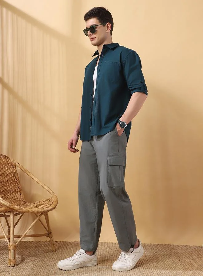 Men's Stone 100% Nylon Solid Pattern Full Length Cargo Straight Fit Trouser