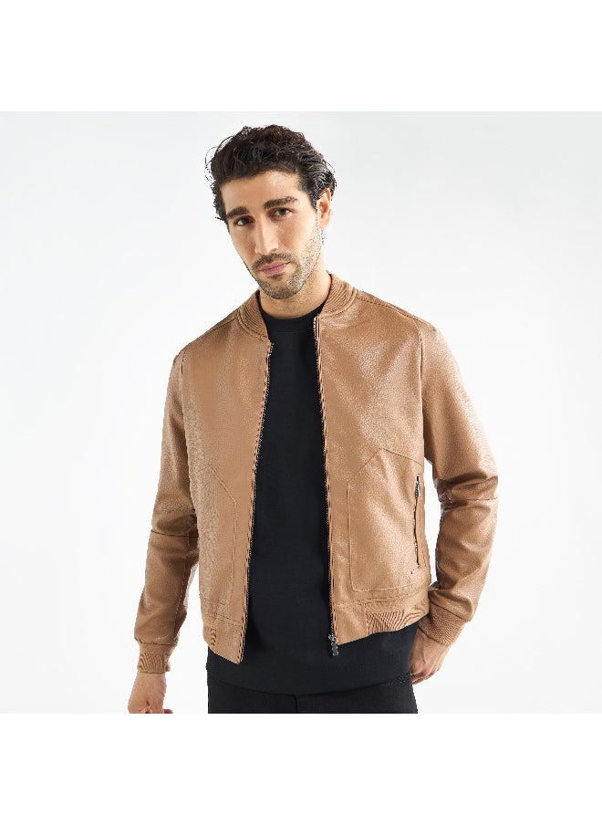 FAV - Textured Bomber Jacket with Zip Closure and Pockets - Image 1