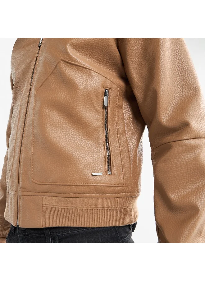 FAV Textured Bomber Jacket with Zip Closure and Pockets