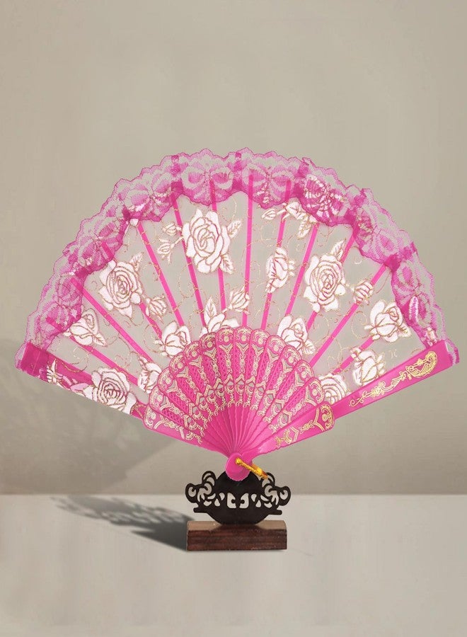 EOSAU Handheld Chinese Folding Fan Lace Hand Fans for Women Foldable Bulk for Party Wedding Church Dancing (Rose) - Image 3