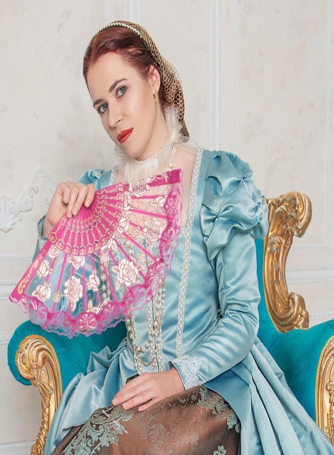 EOSAU Handheld Chinese Folding Fan Lace Hand Fans for Women Foldable Bulk for Party Wedding Church Dancing (Rose) - Image 5
