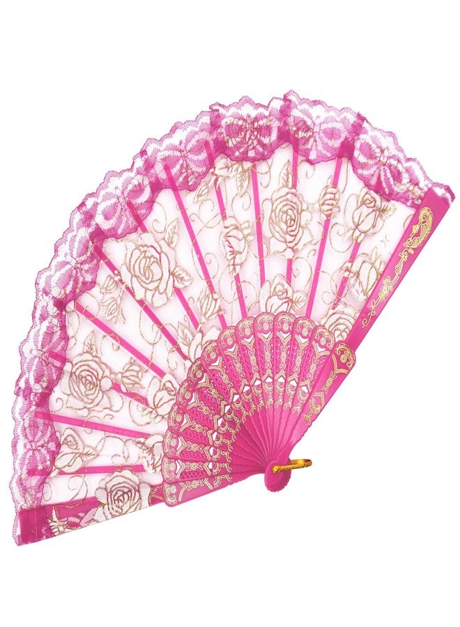 EOSAU Handheld Chinese Folding Fan Lace Hand Fans for Women Foldable Bulk for Party Wedding Church Dancing (Rose) - Image 1