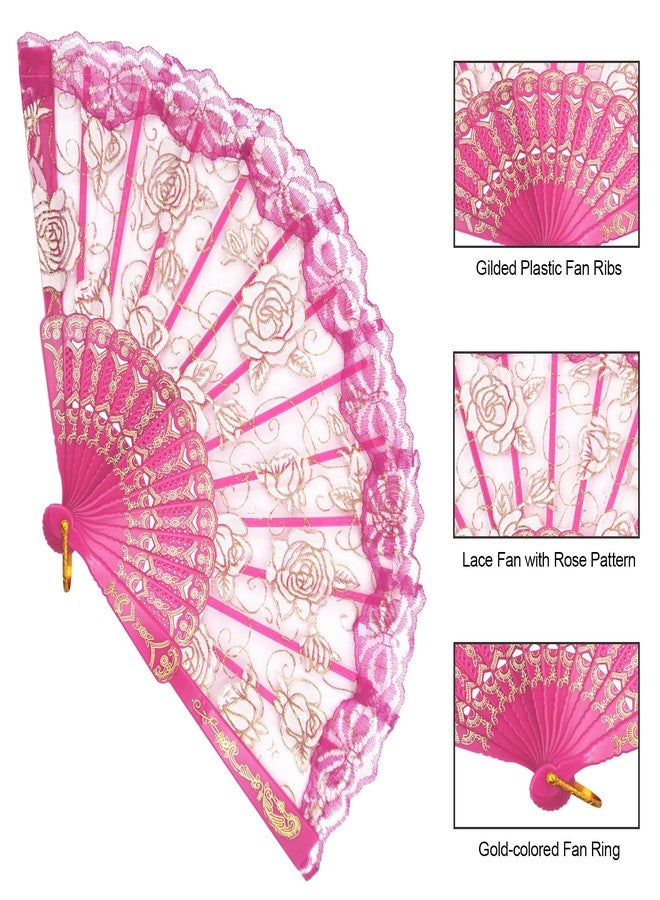 EOSAU Handheld Chinese Folding Fan Lace Hand Fans for Women Foldable Bulk for Party Wedding Church Dancing (Rose) - Image 2