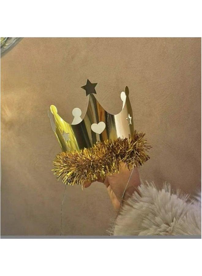 Internet Celebrity Same Style Golden Silver Tassel Crown Birthday Hat Children's Adult Dessert Party Cake Decorative Hat-Specifications:Gold - Image 1