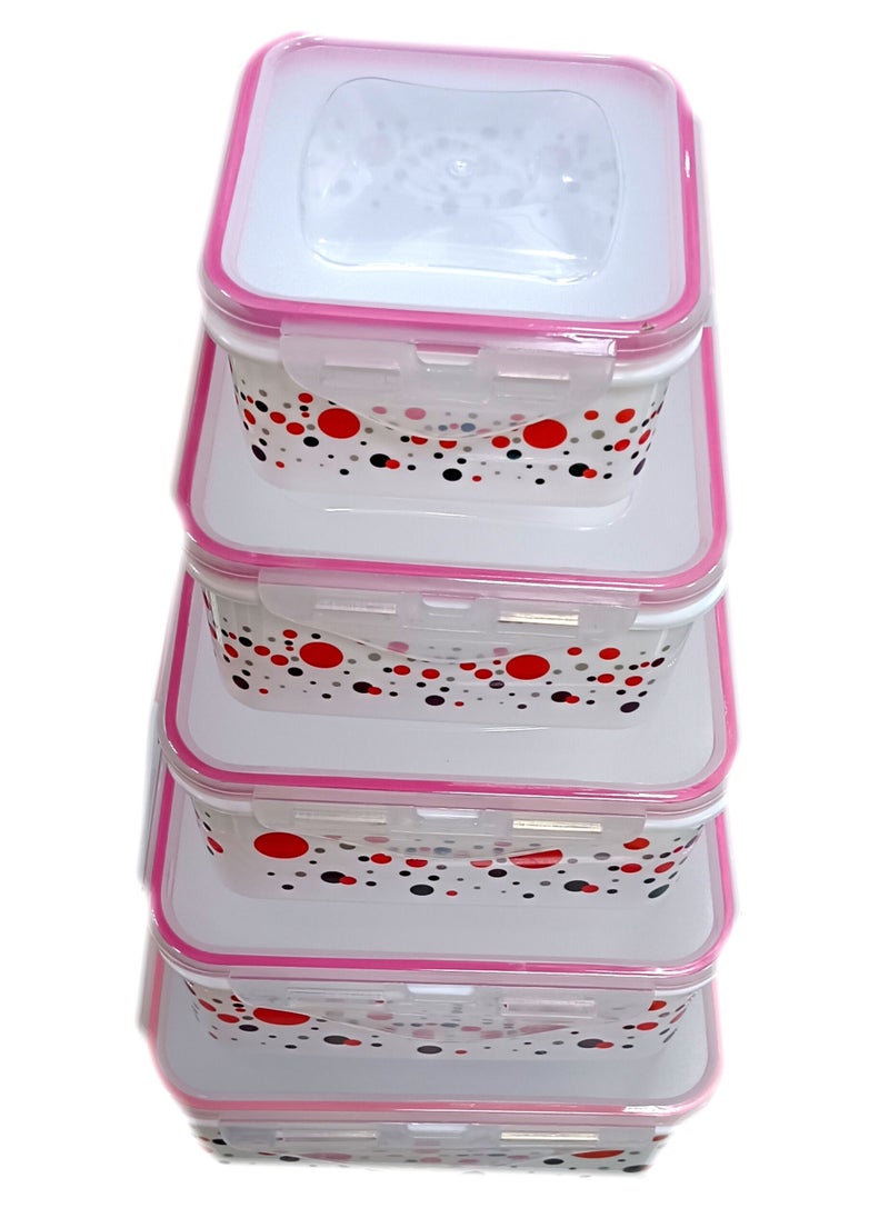 SAQOWARE - 5 Peice Food Container Sett with Lock Lid Desighns Colours/ Plastic Airtight Kitchen Storage Containers - Image 1