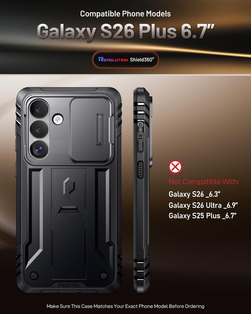 Poetic Revolution Case for Samsung Galaxy S26 Plus, [Slide Camera Cover], [20FT Mil-Grade Drop Tested], Full-Body Military Grade Rugged Dual-Layer Shockproof Cover with Kickstand, Black - Image 2