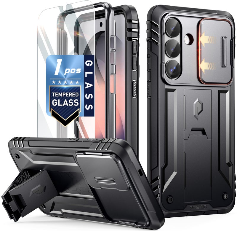 Poetic Revolution Case for Samsung Galaxy S26 Plus, [Slide Camera Cover], [20FT Mil-Grade Drop Tested], Full-Body Military Grade Rugged Dual-Layer Shockproof Cover with Kickstand, Black - Image 1