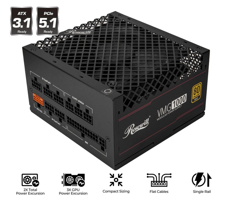 Rosewill VMG 1000W 80+ Gold, ATX 3.0 & 3.1 Compatible, Full Modular Low-Noise Power Supply, PCIe 5.1 12V-2x6 Connector, 100% Japanese Electrolytic Capacitor, 120mm FDB Silent Fan - 5 Year Warranty - Image 2