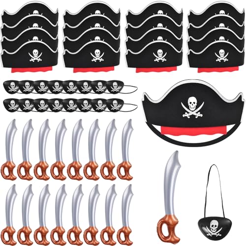 ZeeDix 48 Pcs Pirate Accessories for Kids Include 16 Pirates Hats 16 Eye Patches and 16 Swords Pirate Party Decorations for Christmas Halloween Masquerade Cosplay Birthday - Image 1