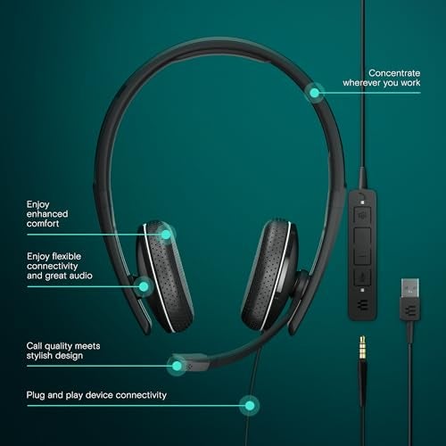 EPOS Adapt 165T USB II - Wired, Double-Sided Headset - 3.5mm Jack/USB Connectivity - Teams Certified-UC Optimized-Superior Stereo Sound-Enhanced Comfort-Call Control- Black - Image 2