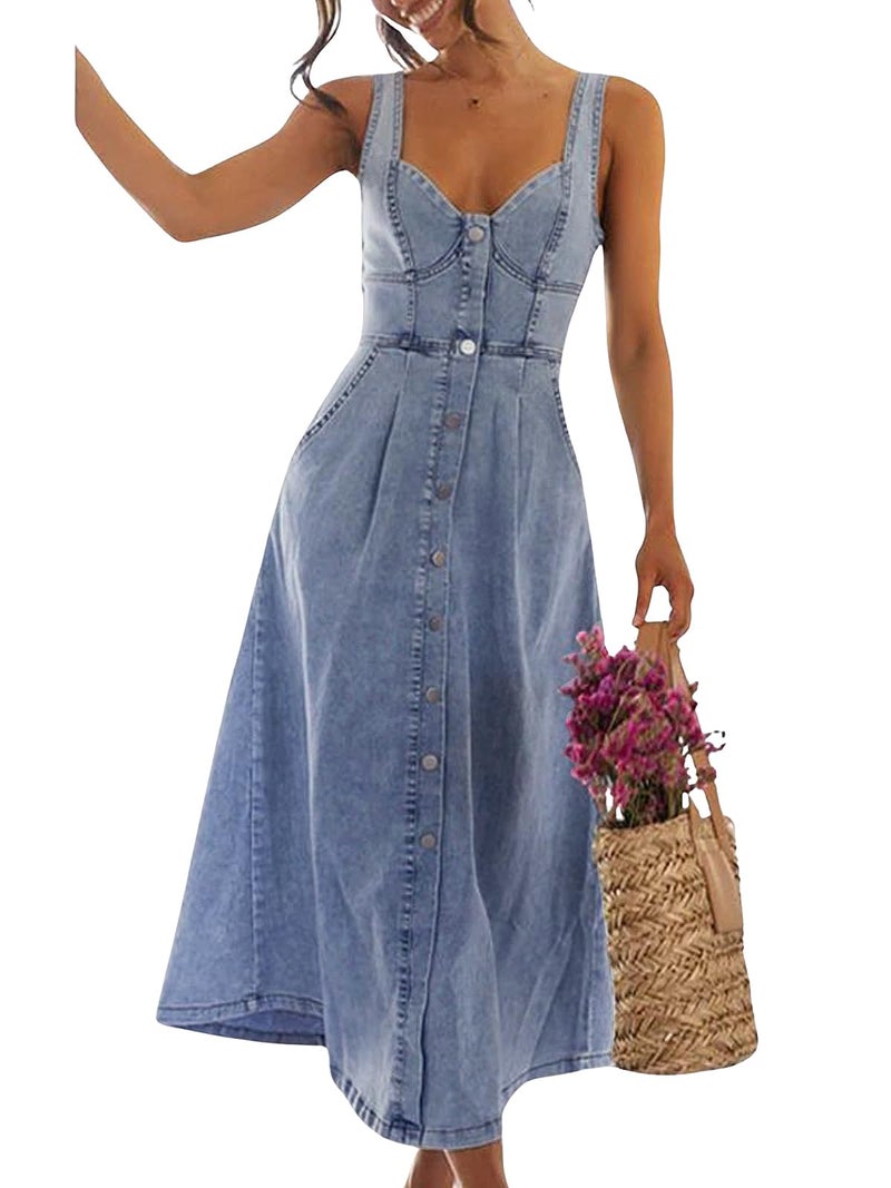 utcoco Denim Dress for Women Sleeveless Button Down Slim Fit Midi Jean Dresses for Women 2026 (Medium, Blue) - Image 1