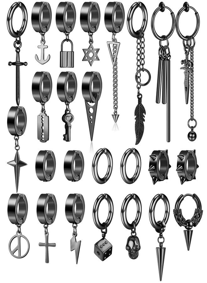 Thunaraz 25 Pcs Clip on Earrings for Men Stainless Steel Cross Chain Dangle Earrings Black Fake Earrings for Men Women Non Pierced Huggie Hoop Earrings Set - Image 1
