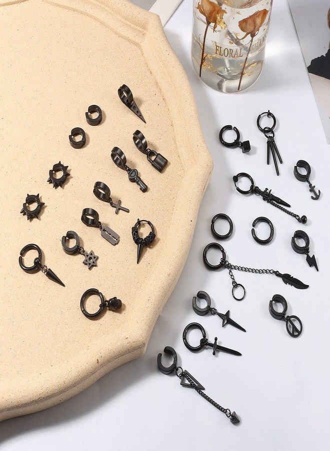 Thunaraz 25 Pcs Clip on Earrings for Men Stainless Steel Cross Chain Dangle Earrings Black Fake Earrings for Men Women Non Pierced Huggie Hoop Earrings Set - Image 5
