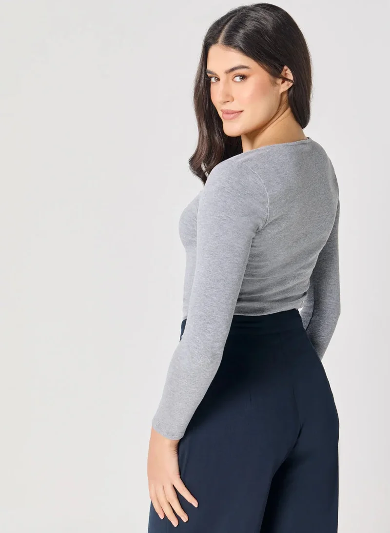 Zigzag Long Sleeve Light Grey Rib Top