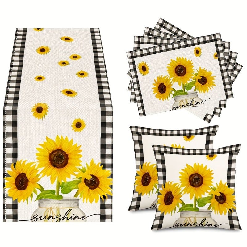Linen 7pcs Spring Summer Dining Room Set With Table Runner Placemat Cushions Sunflower In A Bottle Black White Checkered Trim Kitchen Table Decoration For Outdoor Family Gatherings - Image 1