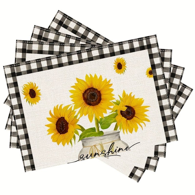Linen 7pcs Spring Summer Dining Room Set With Table Runner Placemat Cushions Sunflower In A Bottle Black White Checkered Trim Kitchen Table Decoration For Outdoor Family Gatherings - Image 4