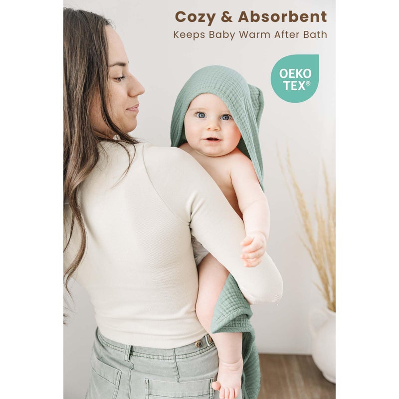 Konssy 2-Pack Muslin Hooded Baby Towels, 100% Cotton, Ultra-Soft & Absorbent Baby Bath Towels with Hood for Newborn & Infant (Green, Leafy,32" x 32") - Image 2