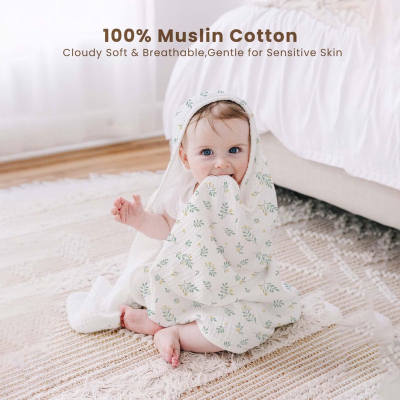 Konssy 2-Pack Muslin Hooded Baby Towels, 100% Cotton, Ultra-Soft & Absorbent Baby Bath Towels with Hood for Newborn & Infant (Green, Leafy,32" x 32") - Image 5