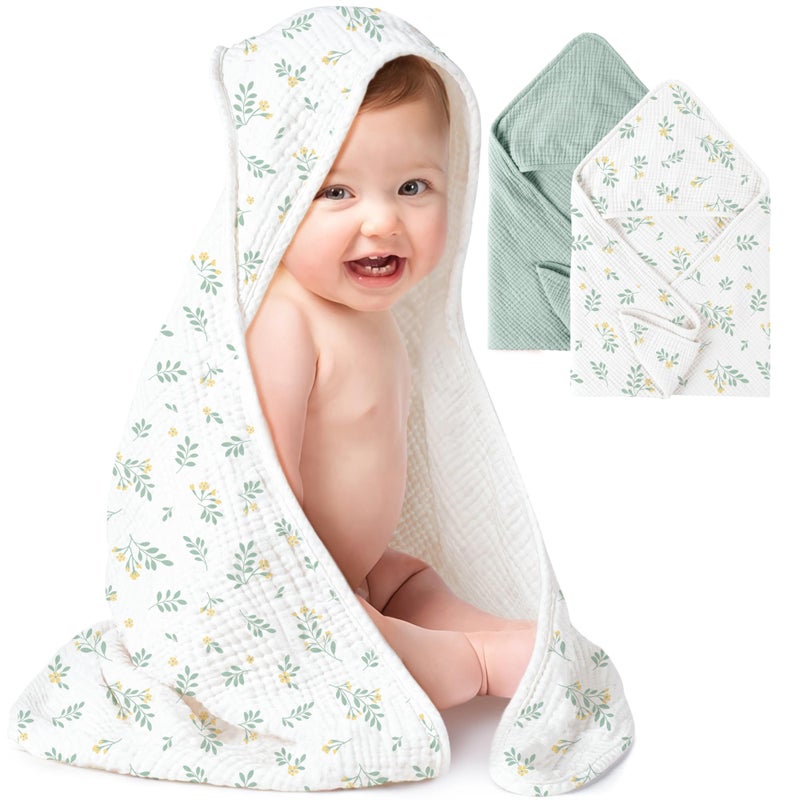 Konssy 2-Pack Muslin Hooded Baby Towels, 100% Cotton, Ultra-Soft & Absorbent Baby Bath Towels with Hood for Newborn & Infant (Green, Leafy,32" x 32") - Image 1