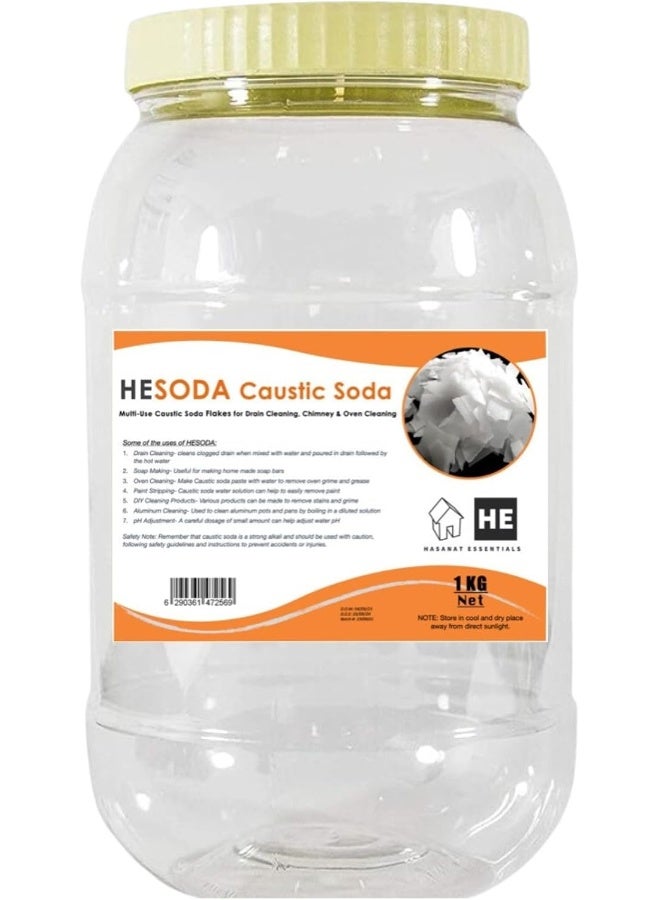 Hasanat Essentials Pure Caustic Soda Flakes 1Kg Sodium Hydroxide NaOH - Image 1