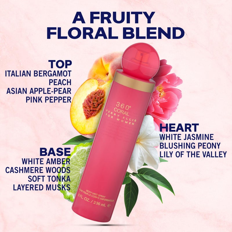 Perry Ellis 360Â° Coral Body Mist Spray for Women - Perfume for Women, Floral & Fruity Fragrance, EDT, Designer Scent for Her, Long Lasting - 8 fl oz (200 mL) - Image 2