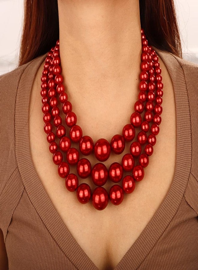 Wiwpar 3PCS Large Layer Red Pearl Necklace for Women Chunky Pearl Necklace Bracelet and Earrings Jewelry Set 1920s Pearl Necklace Costume Accessories Christmas (red) - Image 4