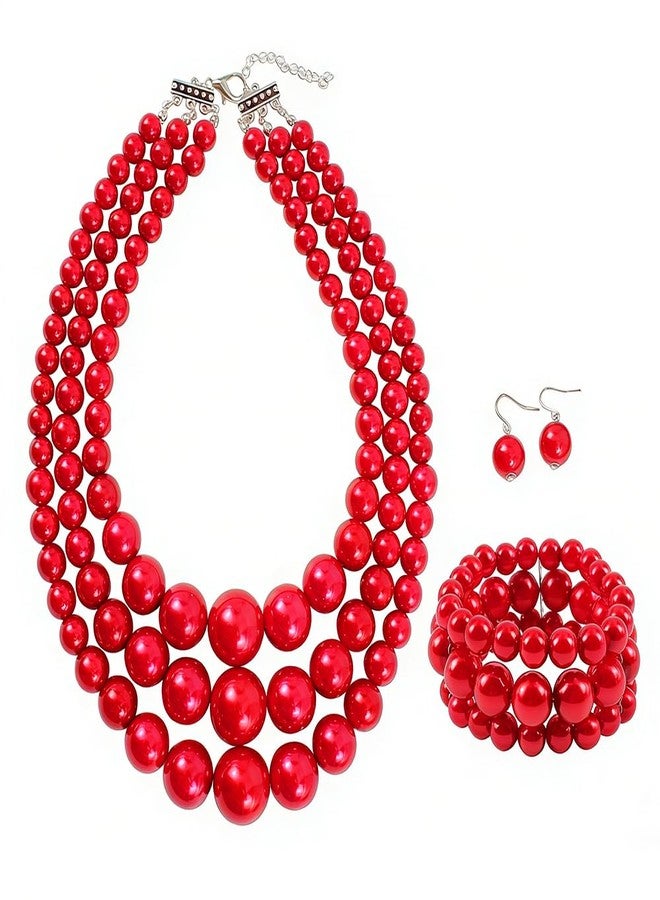 Wiwpar 3PCS Large Layer Red Pearl Necklace for Women Chunky Pearl Necklace Bracelet and Earrings Jewelry Set 1920s Pearl Necklace Costume Accessories Christmas (red) - Image 1