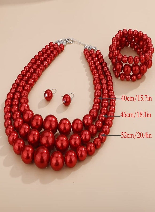 Wiwpar 3PCS Large Layer Red Pearl Necklace for Women Chunky Pearl Necklace Bracelet and Earrings Jewelry Set 1920s Pearl Necklace Costume Accessories Christmas (red) - Image 5