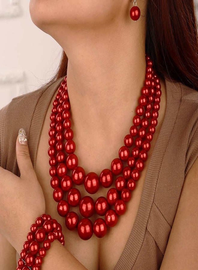 Wiwpar 3PCS Large Layer Red Pearl Necklace for Women Chunky Pearl Necklace Bracelet and Earrings Jewelry Set 1920s Pearl Necklace Costume Accessories Christmas (red) - Image 3