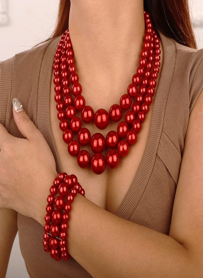 Wiwpar 3PCS Large Layer Red Pearl Necklace for Women Chunky Pearl Necklace Bracelet and Earrings Jewelry Set 1920s Pearl Necklace Costume Accessories Christmas (red) - Image 2