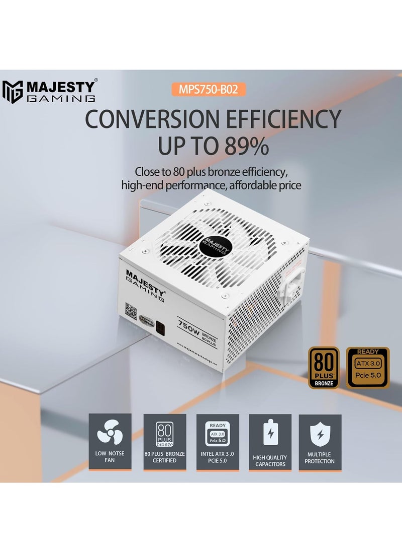Majesty Majesty Power Supply 750W Bronze Non-Modular Low Noise Power Supply - ATX 3.0 and PCIe 5.0 Compatible - 105°C Capacitors - 80+ Bronze Efficiency - White  - Image 2