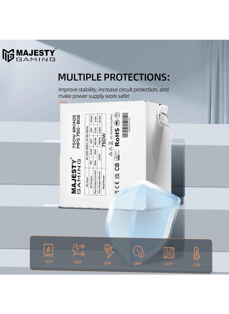 Majesty Majesty Power Supply 750W Bronze Non-Modular Low Noise Power Supply - ATX 3.0 and PCIe 5.0 Compatible - 105°C Capacitors - 80+ Bronze Efficiency - White  - Image 4