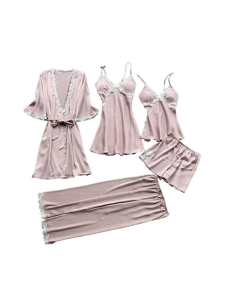 مجموعات بيجامات نسائية 5 قطع، بيجامات حريرية لطيفة للنساء، ملابس نوم ساتان ناعمة. - Image 1